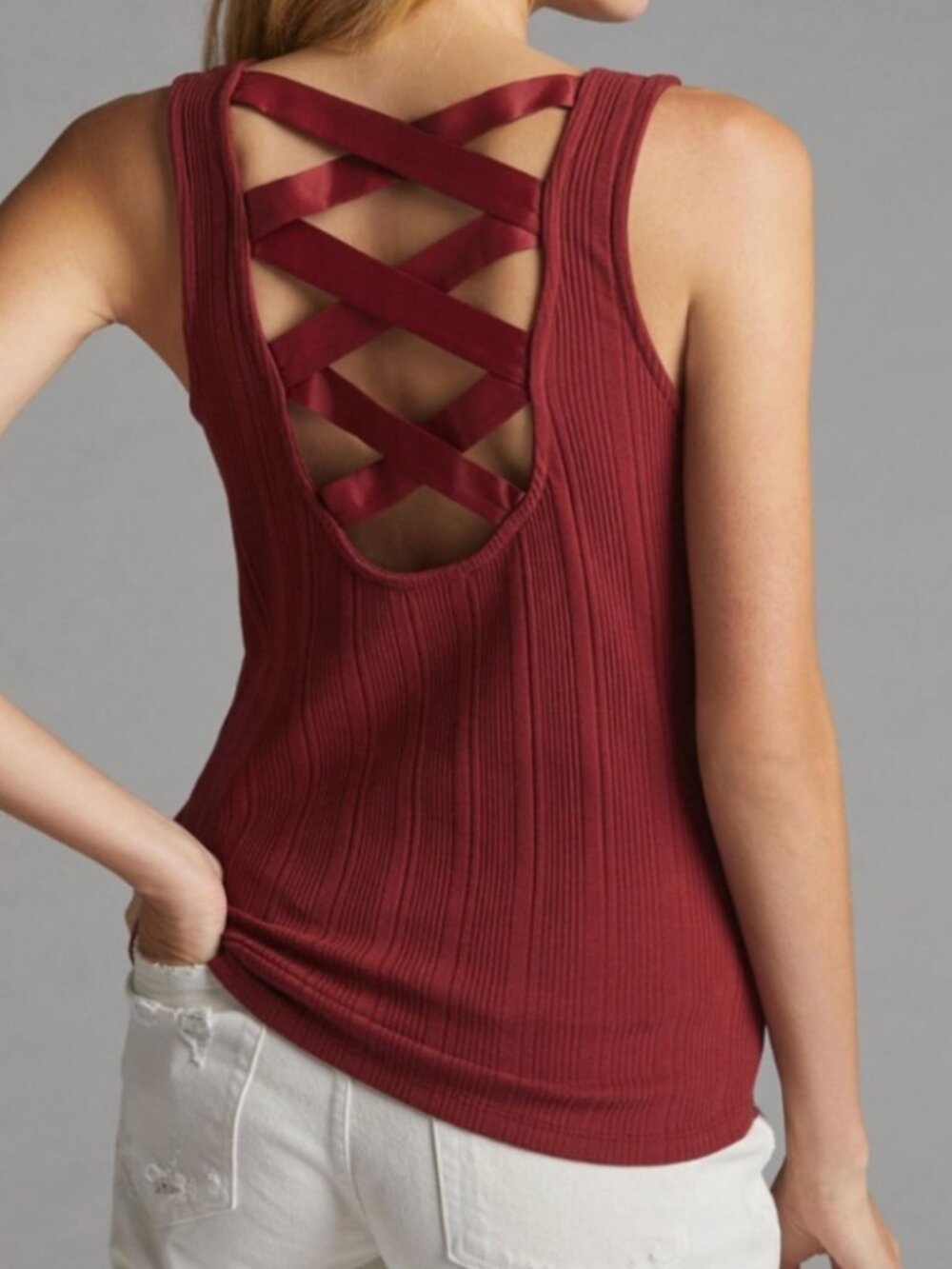 BY ANTHROPOLOGIE Wide Ribbed Cross Back Tank Top in Wine Large Boho Stretch 90s